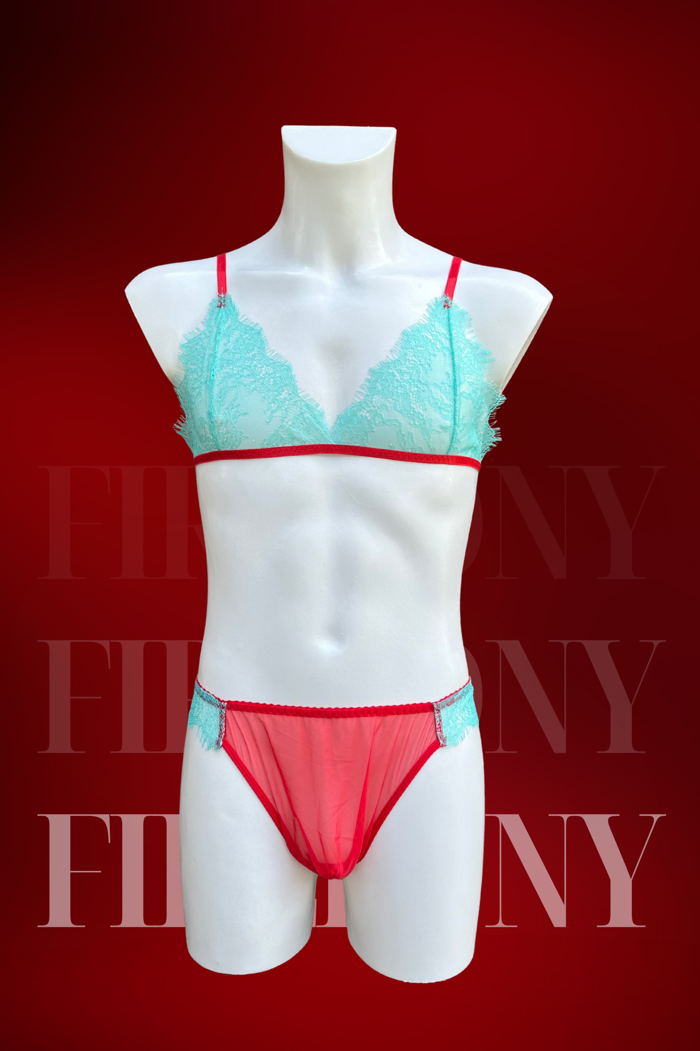 Mens Sissy Femboy Lingerie – Mint Lace Bralette and See-Through Panties