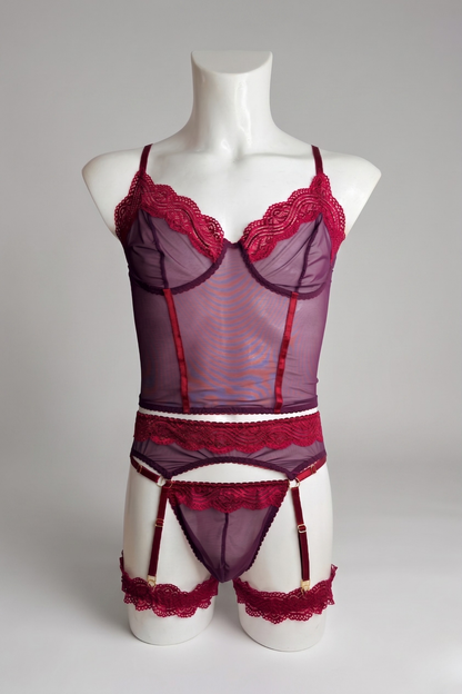 Femboy Burgundy Lace Bustier Corset & Garter Belt Lingerie Set