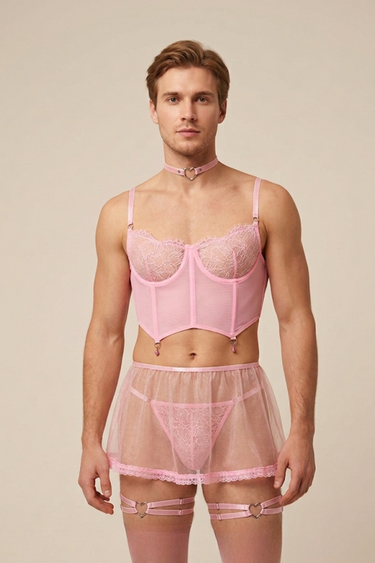 Men's Pink Femboy Lingerie Full Set | Lace Corset, Skirt, Garters & Choker Outfit