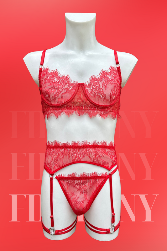 Red Lace Lingerie Set for Men – Sissy Bra, Garter Belt & Thong Panties – Feminine Gay Lingerie for Crossdressers