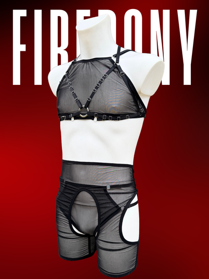 Men’s Black Mesh Rave Set – Sheer Harness Crop Top & High-Waist Cutout Shorts with O-Ring Details