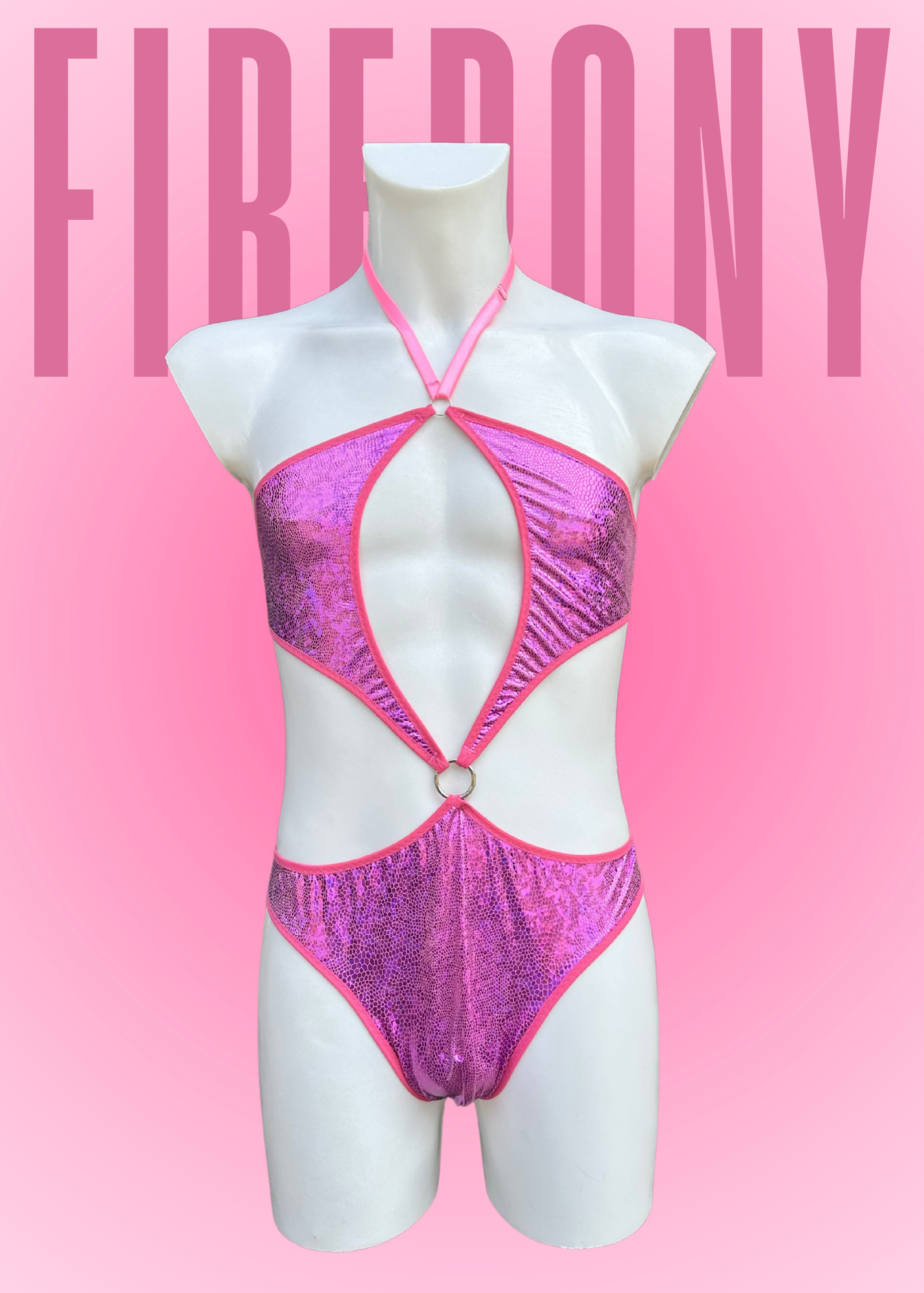 Holographic Pink Metallic Men's Cutout Bodysuit – Exotic Rave & Festival Monokini with Ring Details