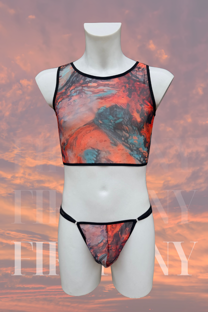 Men’s Abstract Liquid Print Rave Set – Colorful Crop Tank Top & Matching String Thong