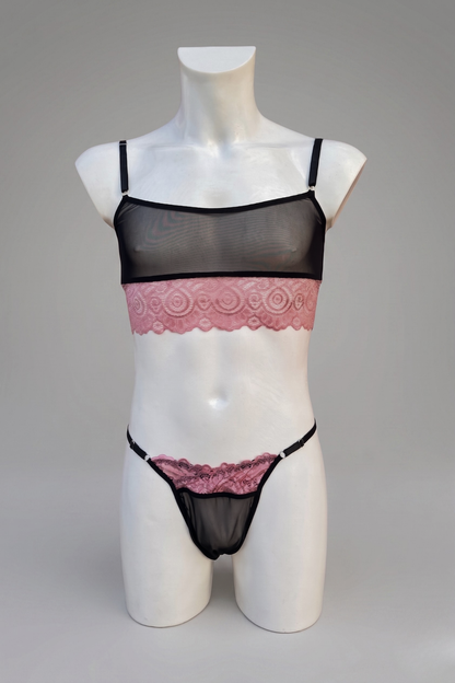 Men's Mesh and Lace Lingerie Set - Sheer Crop Top and Thong with Dusty Rose Lace Details