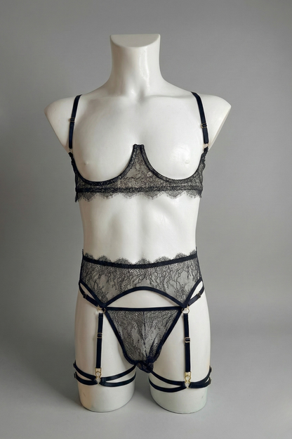Men's Lingerie Set | Black Lace Open Cup Bra & Thong with Garter Belt | Sexy Sissy Panties for Men | Femboy Crossdresser Underwear