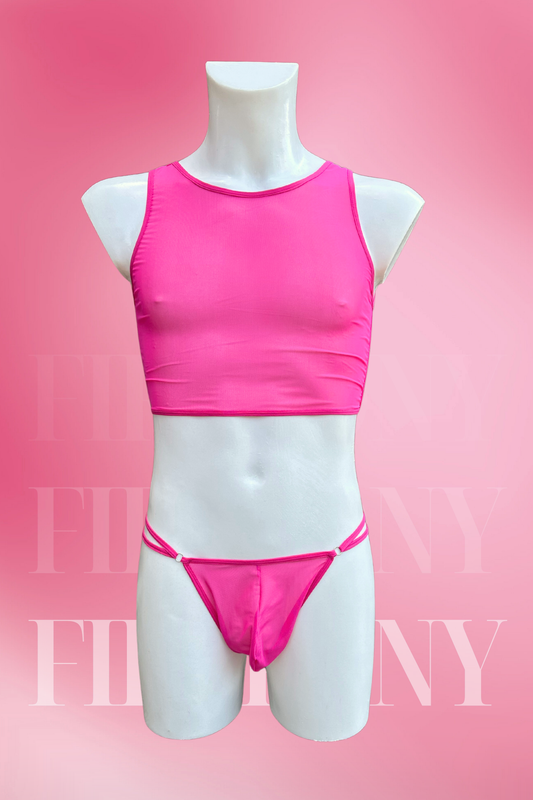 Hot Pink See-Through Lingerie Set for Men – Sheer Mesh Tank Top & Micro Thong