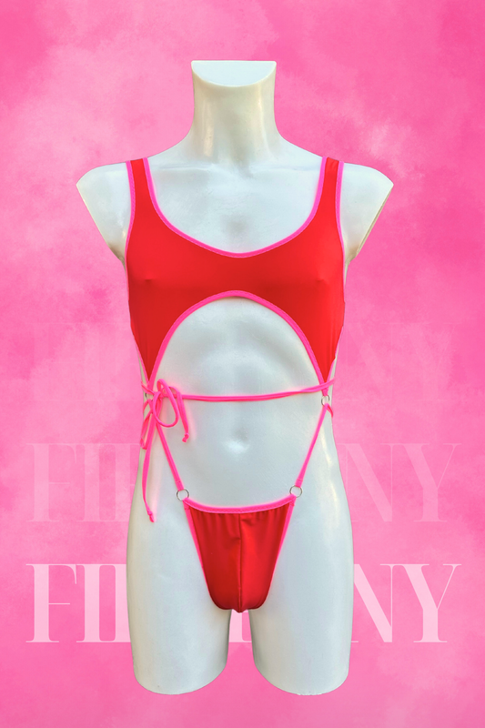Hot Red Cut-Out Bodysuit Swimsuit for Men - Mens Leotard, Two-Pieces Bodysuit, Handmade Festival Outfit | Fireponyshop