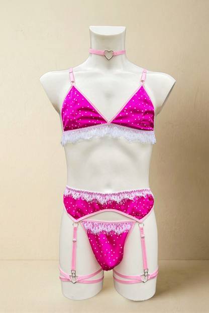 Pink Polka Dot Satin Men's Lingerie Set | Lace Bralette, Panties & Heart Garters