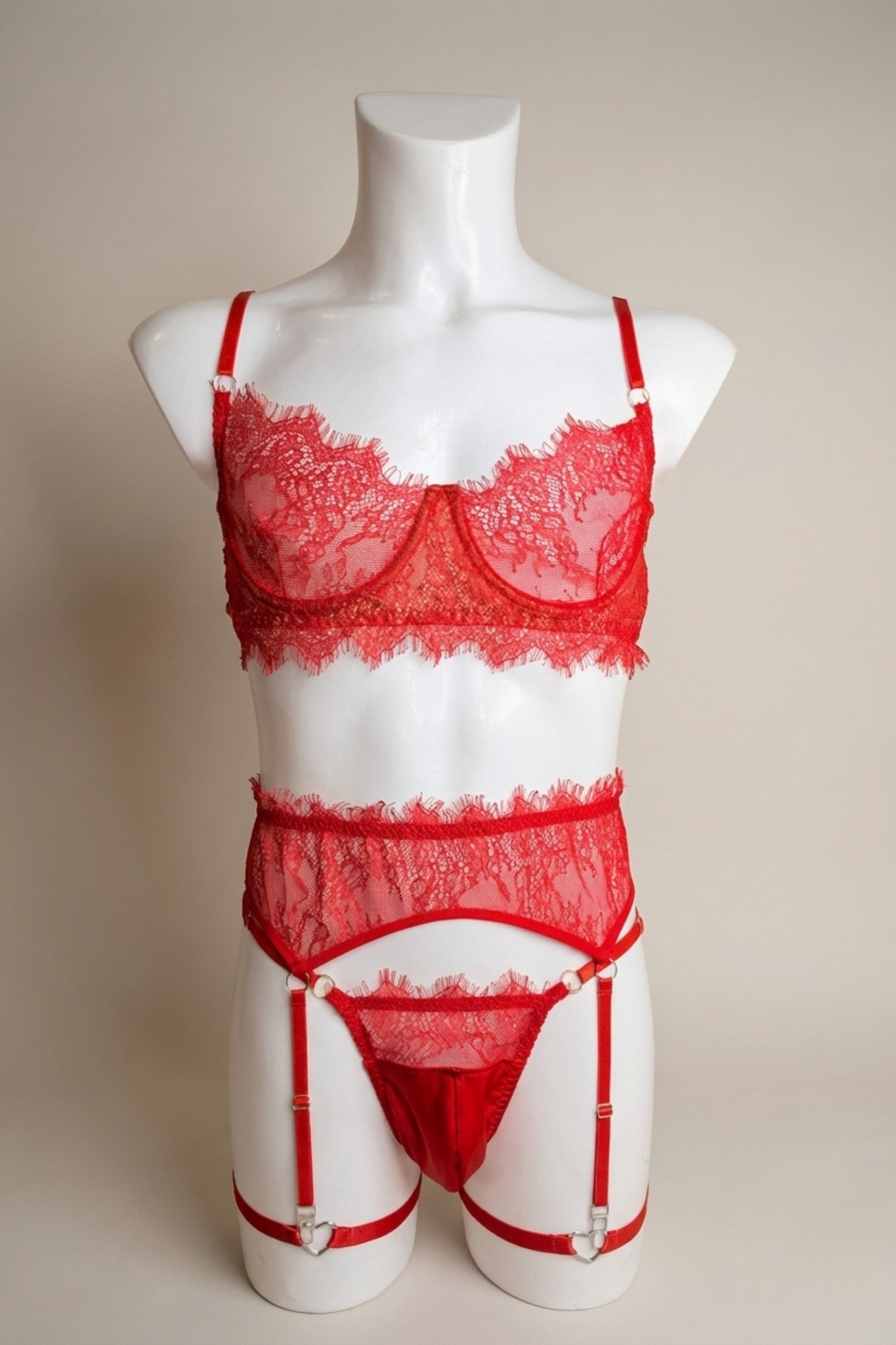 Red Lace Lingerie  4-Piece Set for Men - Mens Bra and Garter Belt, Sexy Lace Thong