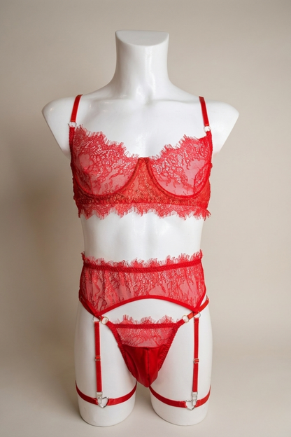 Red Lace Lingerie  4-Piece Set for Men - Mens Bra and Garter Belt, Sexy Lace Thong