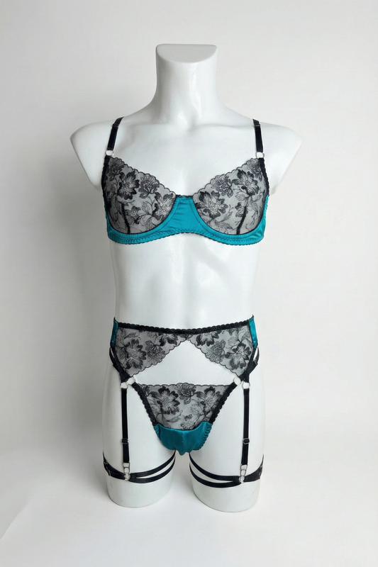"Midnight Emerald" Men’s Lace Lingerie Set | Teal & Black Floral Lace Bra, Thong & Garter Belt Trio