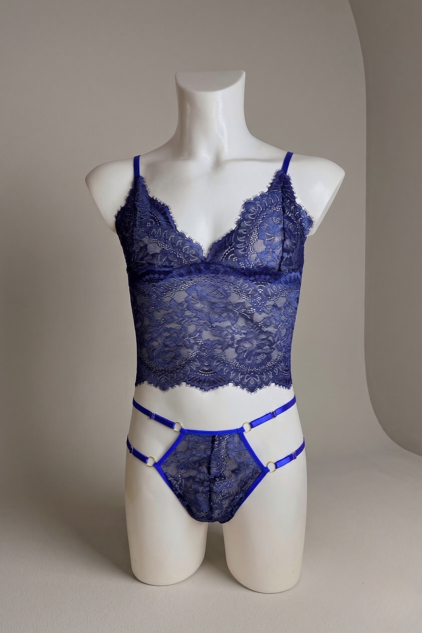 Royal Blue Lace Lingerie Set for Men – Femboy Cami Top & Micro Thong