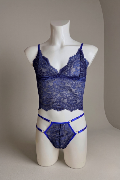 Royal Blue Lace Lingerie Set for Men – Femboy Cami Top & Micro Thong