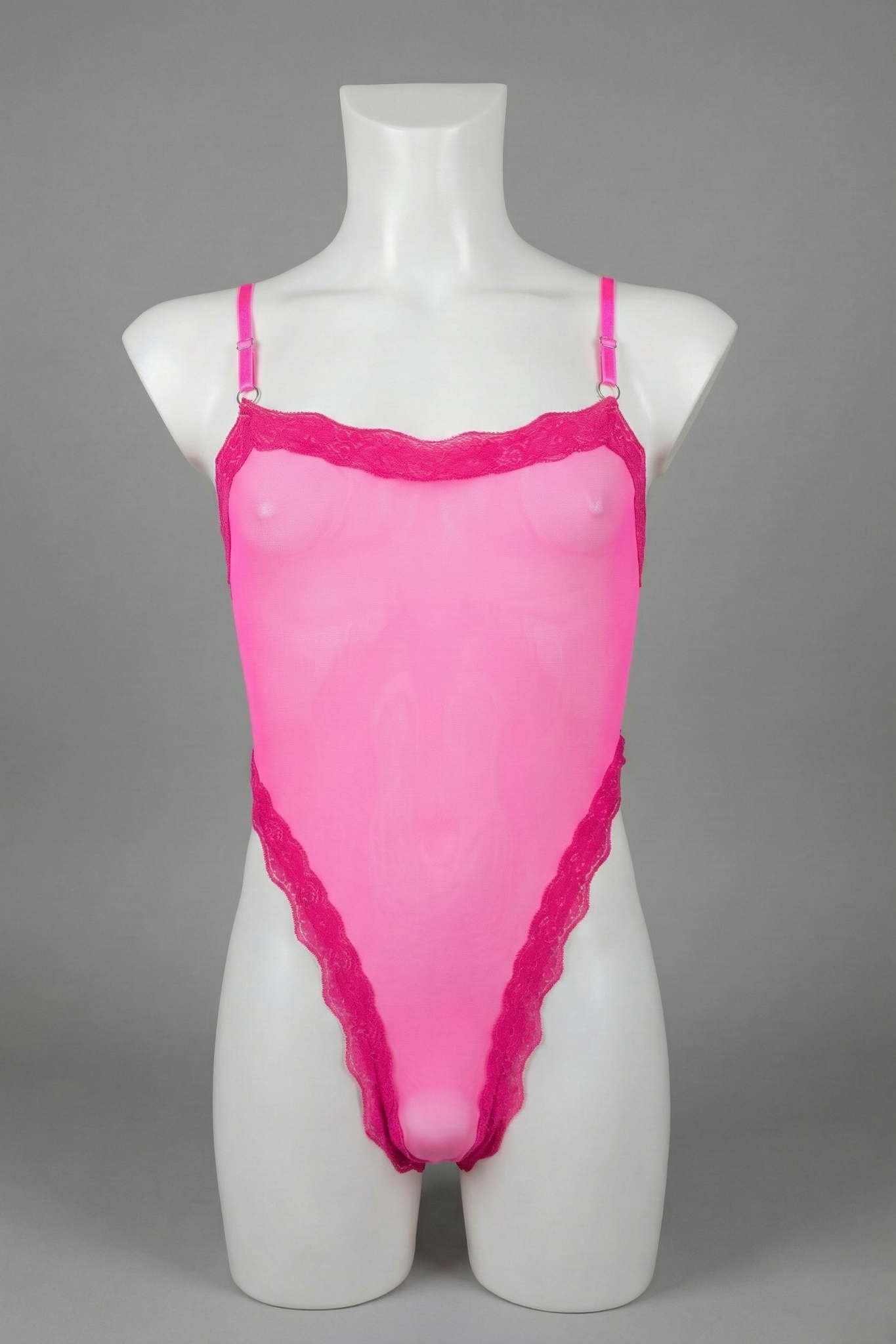 Hot Pink Mesh Men's Bodysuit - Sheer Neon Lace Teddy for Men - Femboy Sissy High-Cut One Piece - FirePony Unbound Love