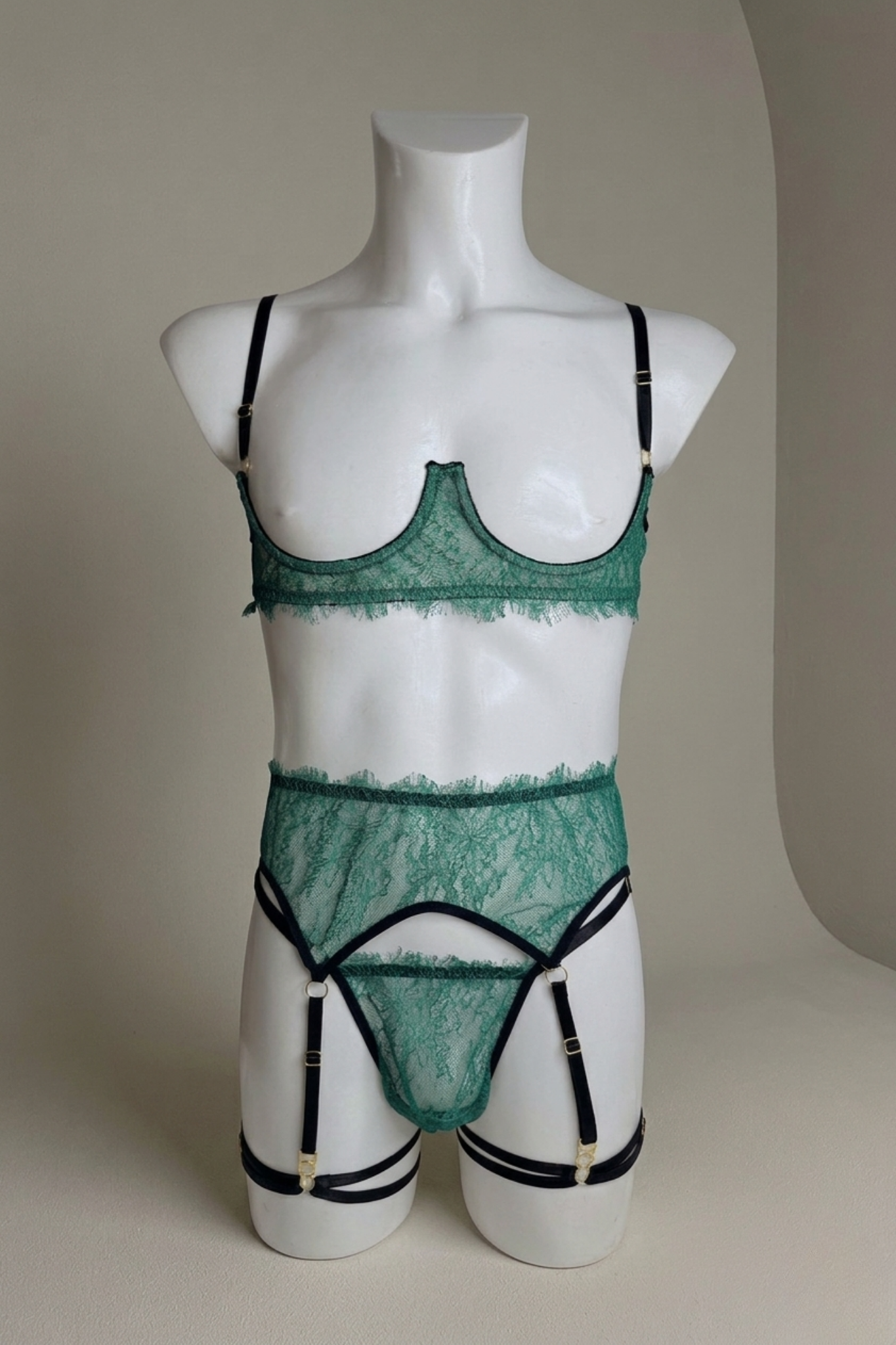 Emerald Green Sissy Garter Lingerie Set for Men – 4-Piece Male Lace Shelf Bra & Thong