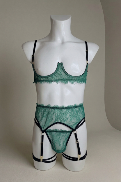 Emerald Green Sissy Garter Lingerie Set for Men – 4-Piece Male Lace Shelf Bra & Thong