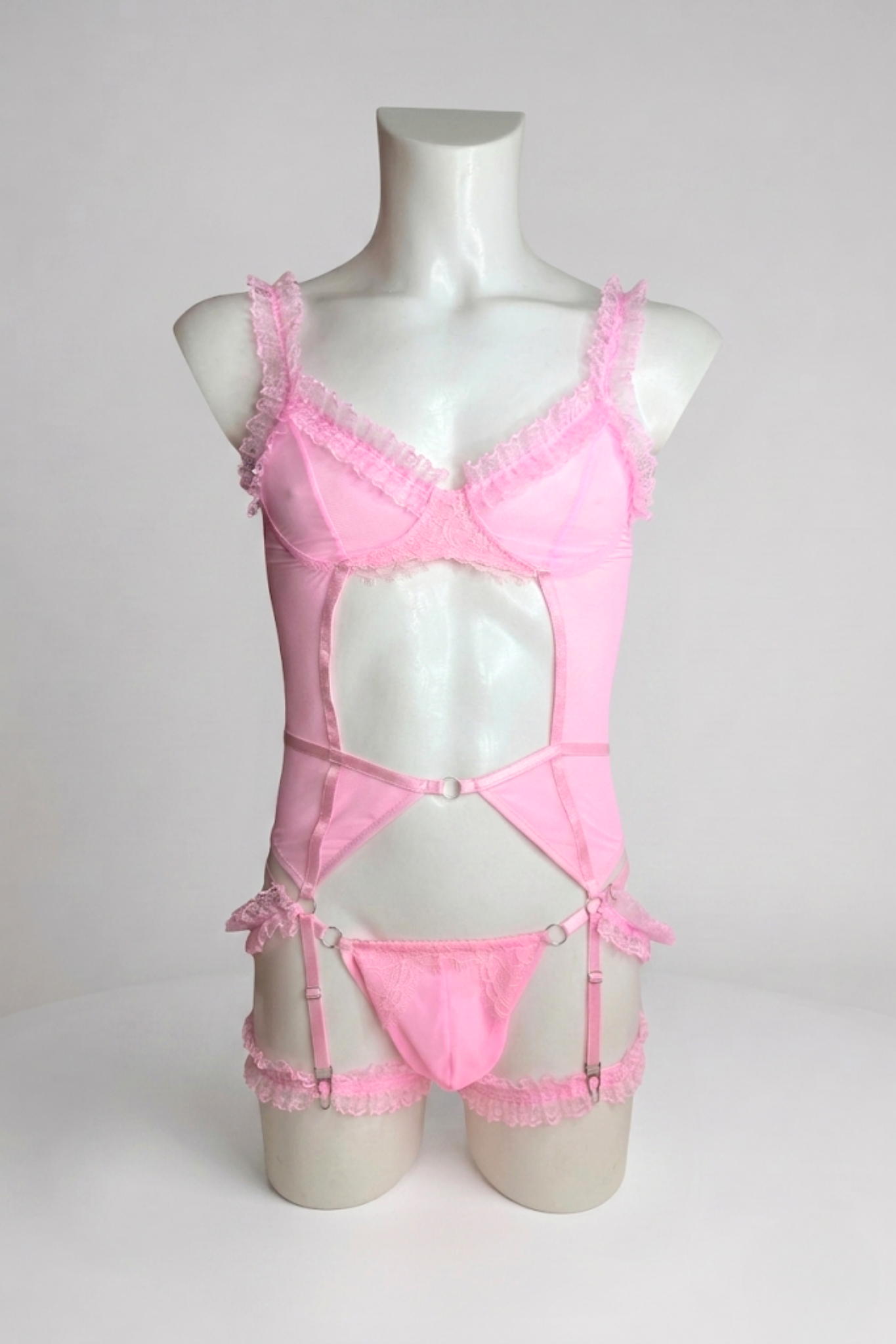 Pink Mesh Femboy Lingerie Set with Lace Ruffles & Garters