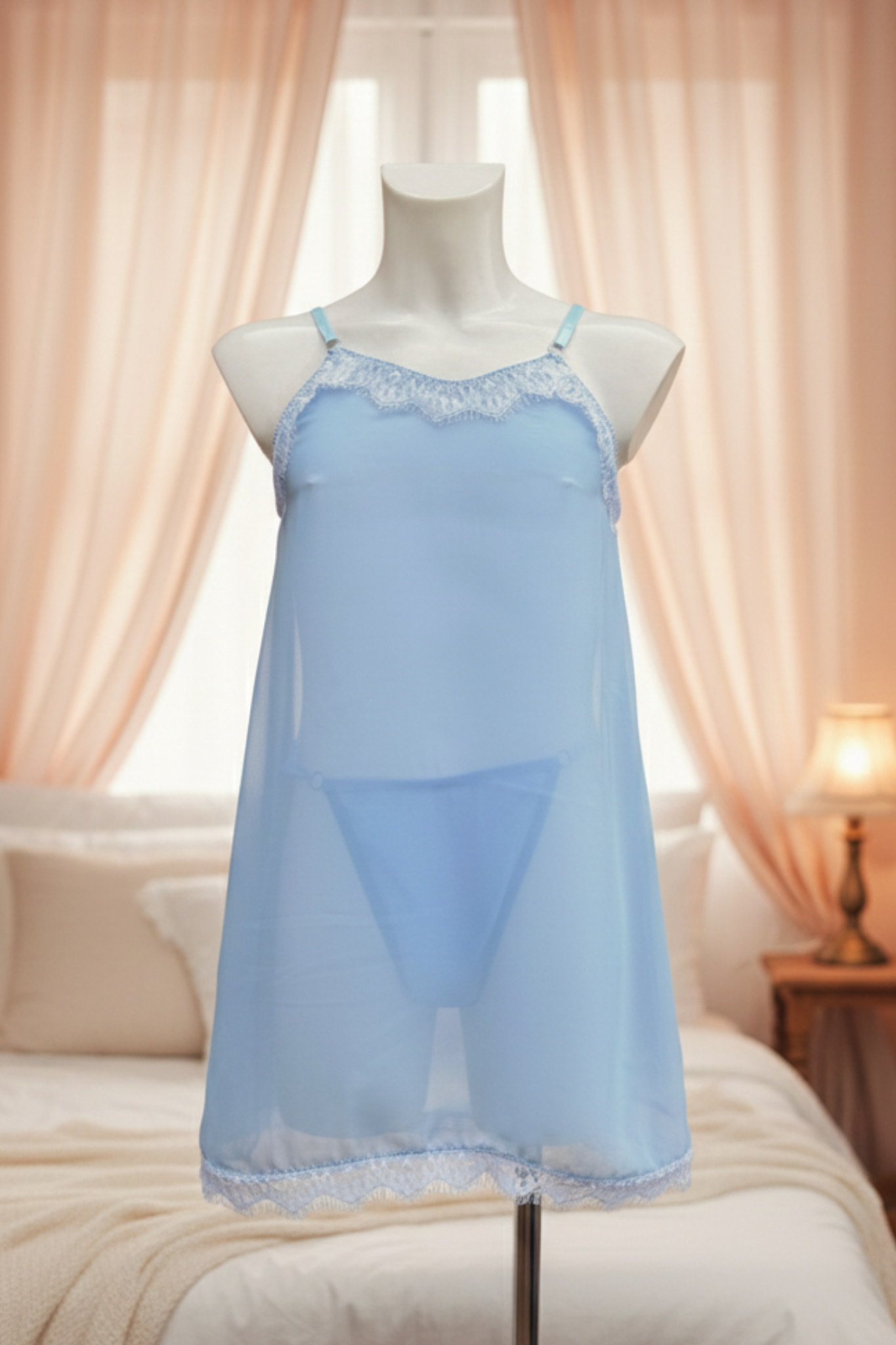 Sheer Blue Lace Nightshirt – Soft Chemise Lingerie for Men