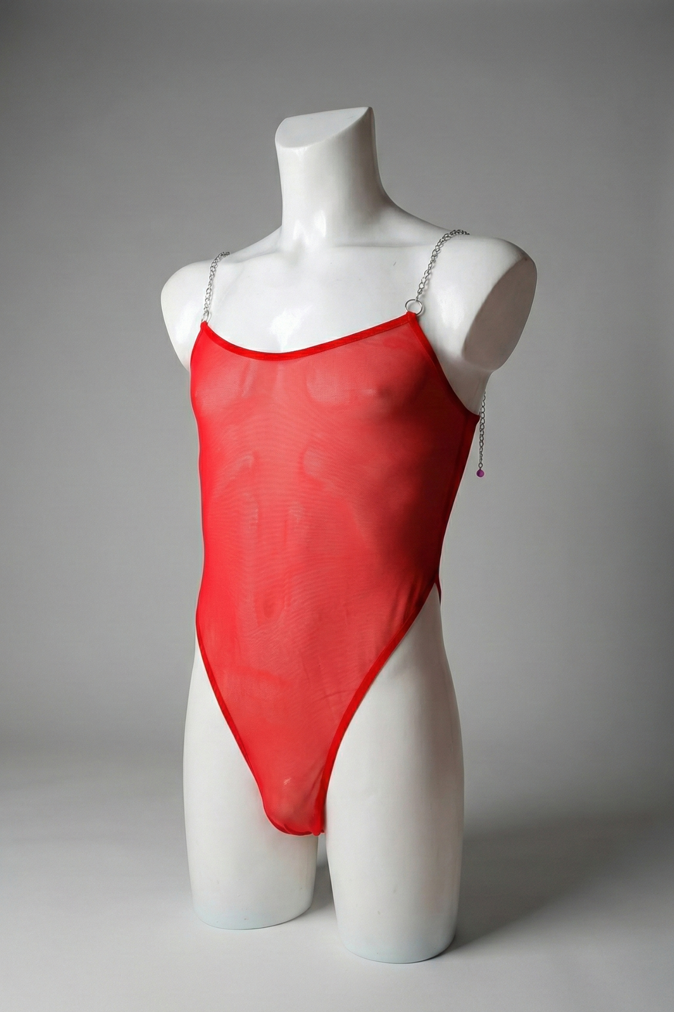 Men's Electric Red Mesh Bodysuit with Silver Chain Straps - Provocative Rave Leotard