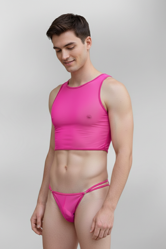 Hot Pink See-Through Lingerie Set for Men – Sheer Mesh Tank Top & Micro Thong