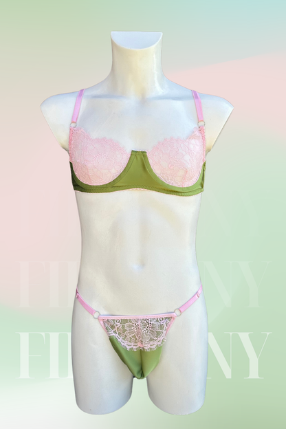 Pink & Olive Lace Femboy Lingerie Set – Bra, Thong & Garter Belt – Men’s Sissy Lingerie with Pastel Touch