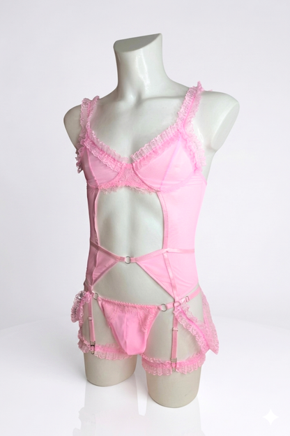Pink Mesh Femboy Lingerie Set with Lace Ruffles & Garters