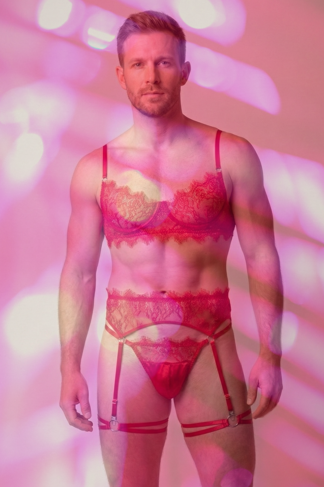 Red Lace Men's Lingerie Set - 3-Piece Femboy Harness Garter & Bra Ensemble - Sissy Floral Lace Underwear for Men - FirePony Unbound Love