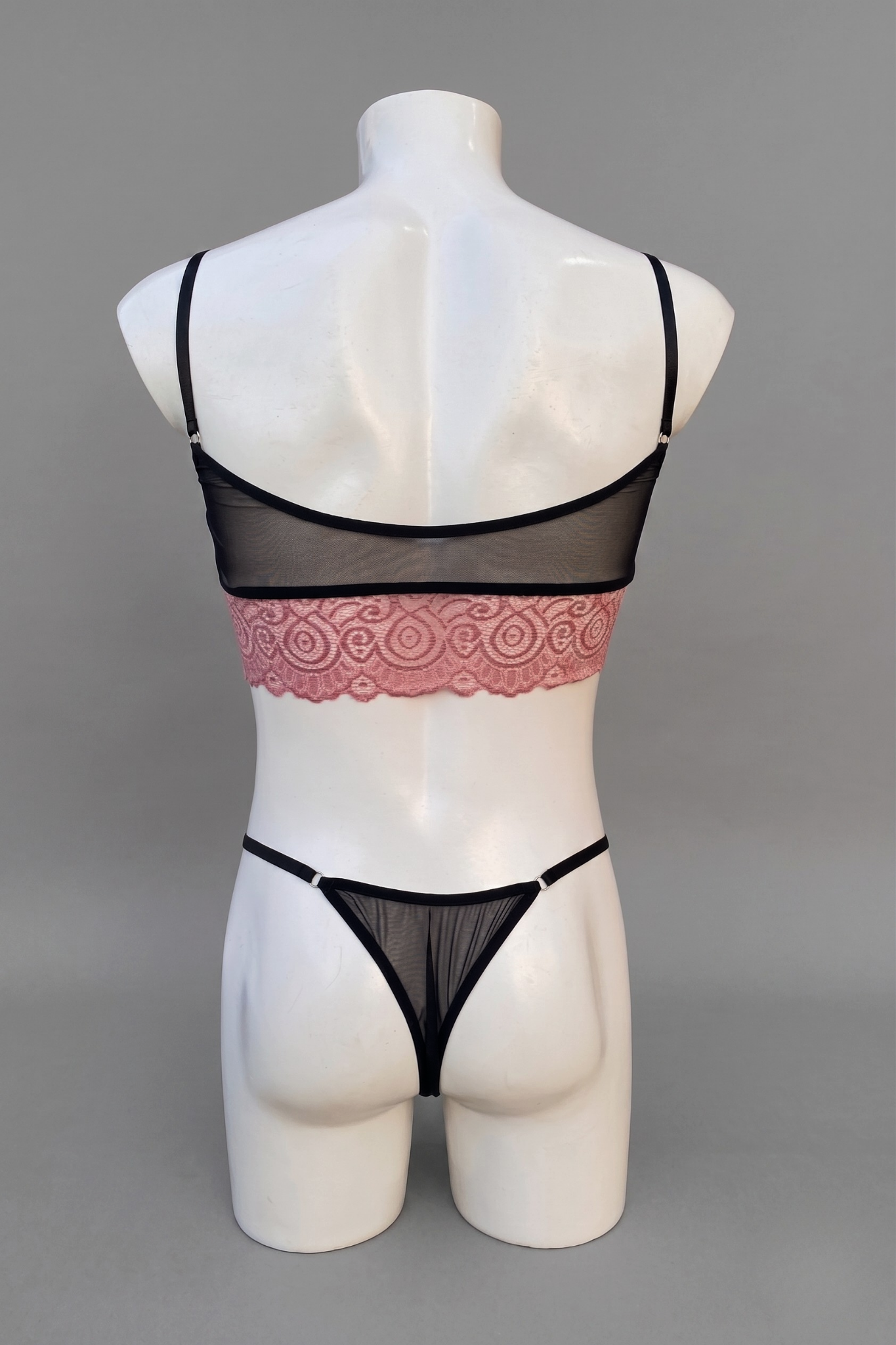 Men's Mesh and Lace Lingerie Set - Sheer Crop Top and Thong with Dusty Rose Lace Details