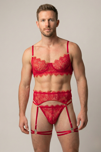 Red Lace Lingerie Set for Men – Sissy Bra, Garter Belt & Thong Panties – Feminine Gay Lingerie for Crossdressers