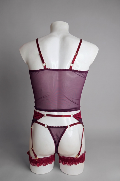 Femboy Burgundy Lace Bustier Corset & Garter Belt Lingerie Set