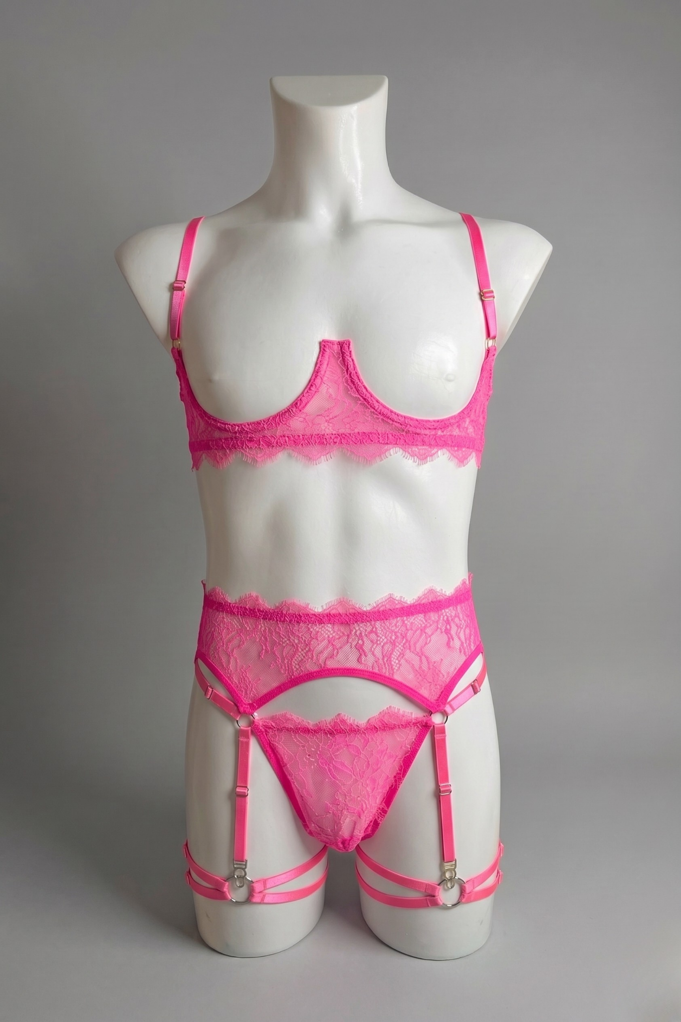 Hot Pink Men's Lace Lingerie Set: Cupless Bra, Garter Belt & Thong