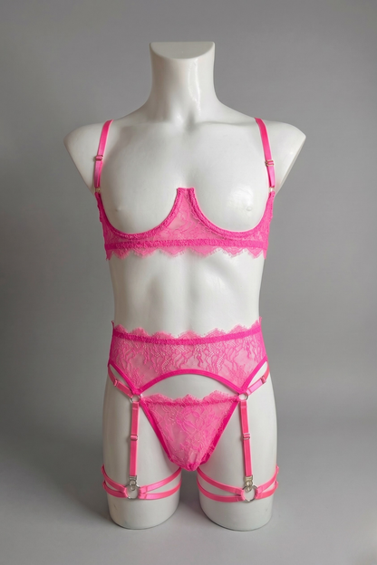 Hot Pink Men's Lace Lingerie Set: Cupless Bra, Garter Belt & Thong