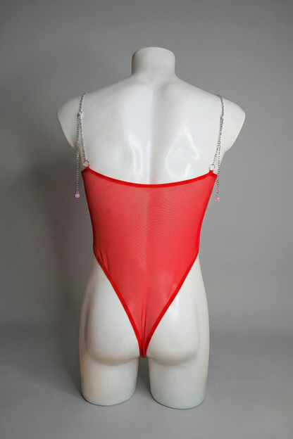 Men's Electric Red Mesh Bodysuit with Silver Chain Straps - Provocative Rave Leotard