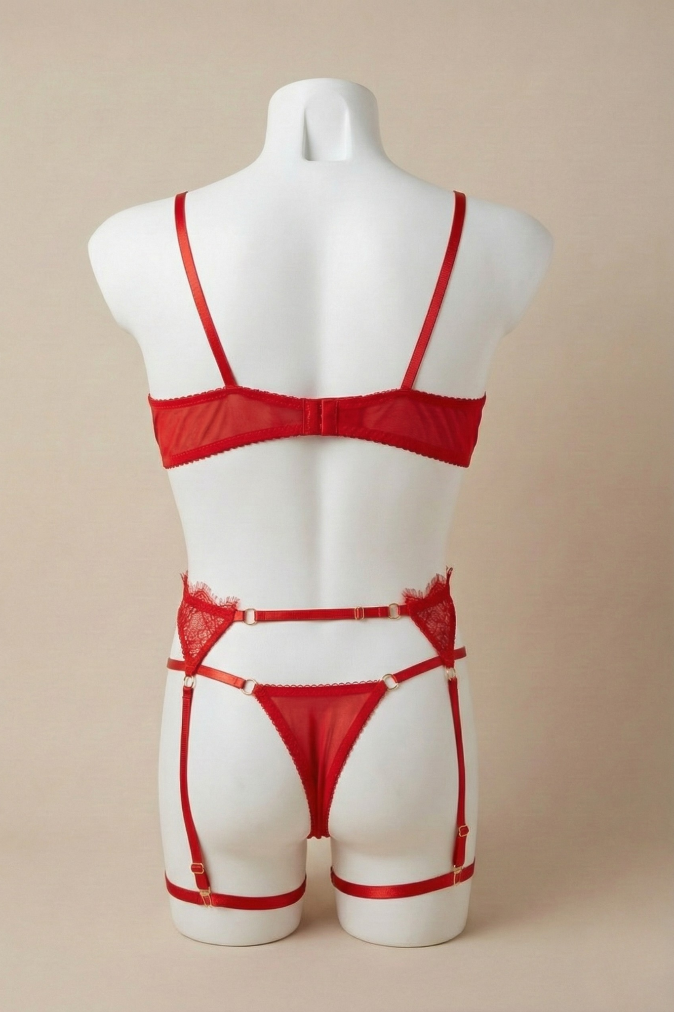 Red Lace Lingerie  4-Piece Set for Men - Mens Bra and Garter Belt, Sexy Lace Thong