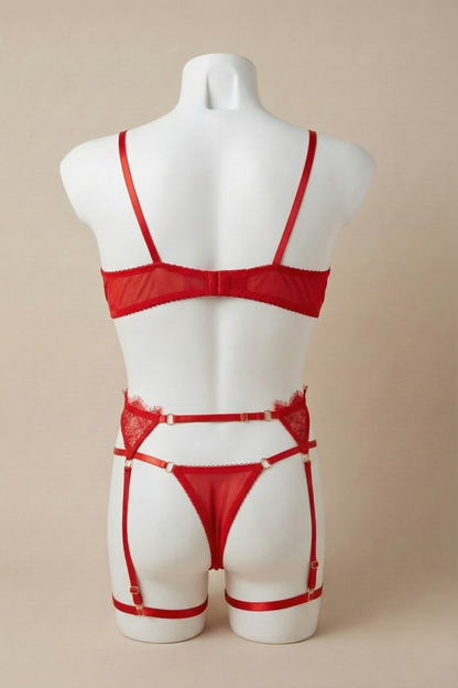 Red Lace Lingerie  4-Piece Set for Men - Mens Bra and Garter Belt, Sexy Lace Thong