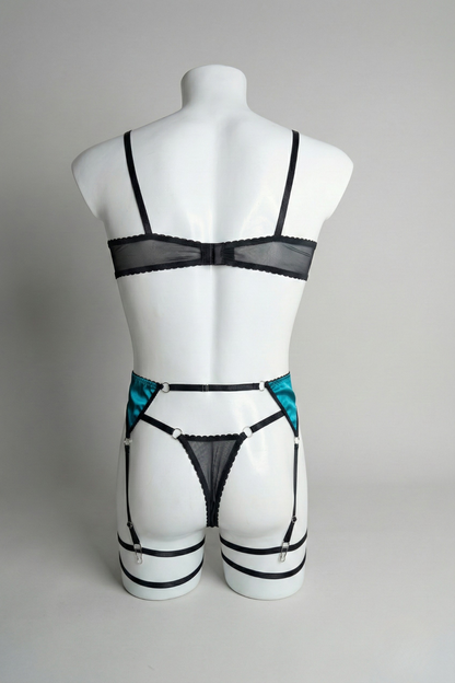 Emerald & Black Lace Men’s Lingerie Set – Luxury Floral Mesh Bra & Thong with Garter Straps
