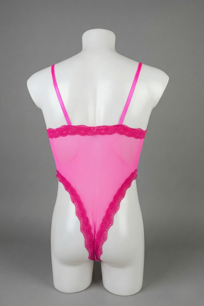 Hot Pink Mesh Men's Bodysuit - Sheer Neon Lace Teddy for Men - Femboy Sissy High-Cut One Piece - FirePony Unbound Love