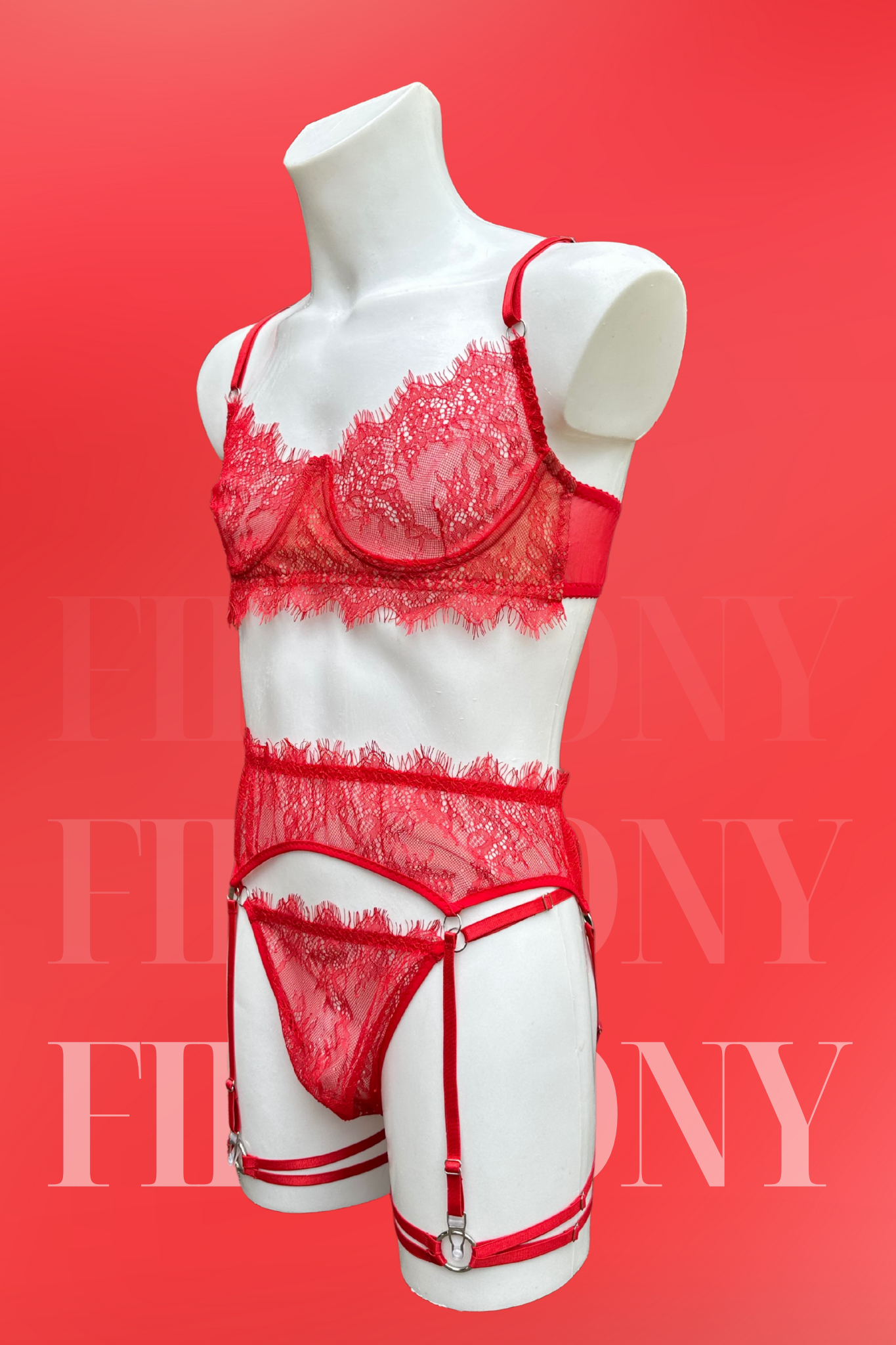 Red Lace Lingerie Set for Men Sissy Bra, Garter Belt & Thong Panties Fire Pony Red Lace Lingerie Set for Men Sissy Bra, Garter Belt & Thong Panties Fire Pony