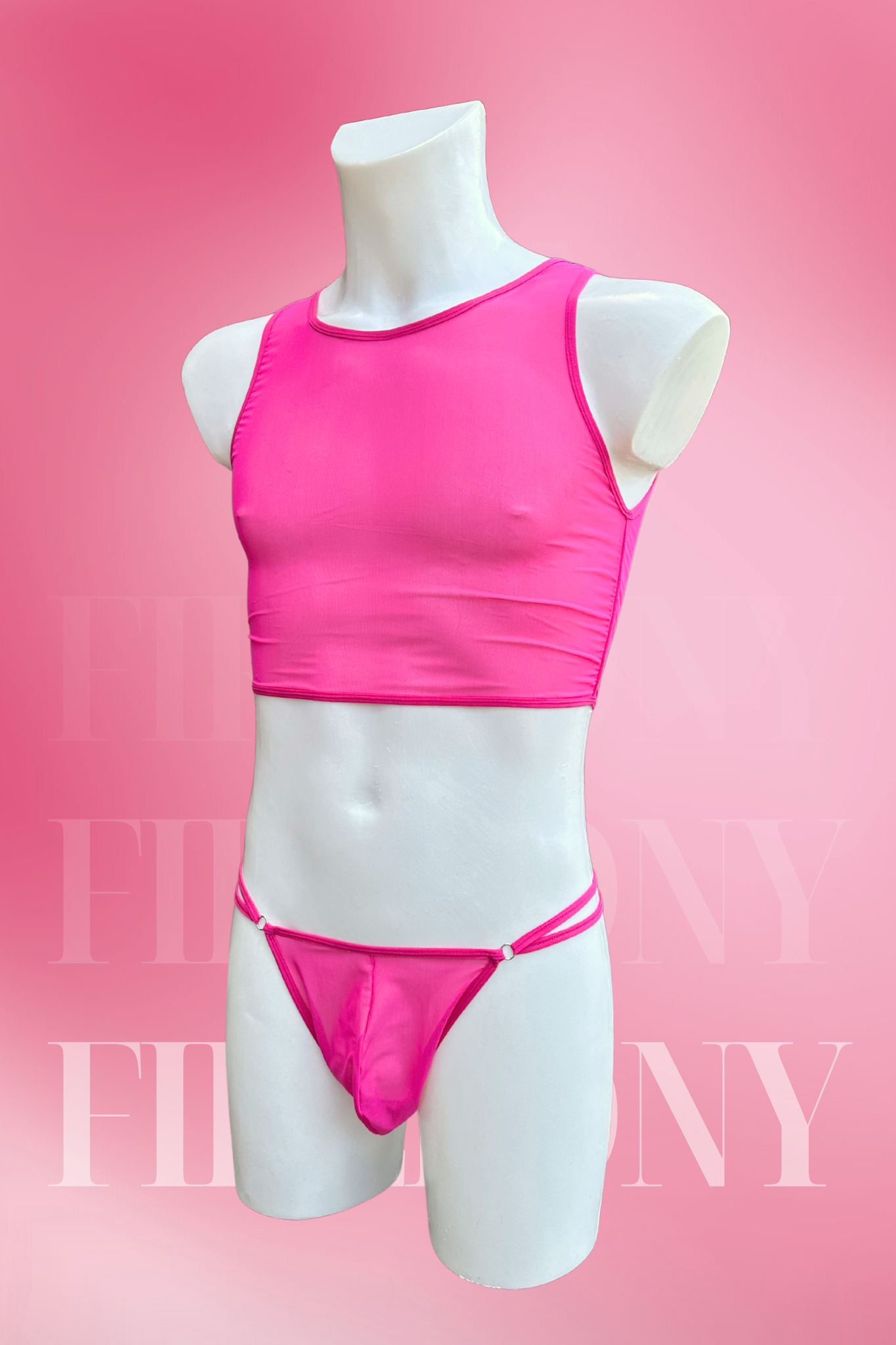 Hot Pink See-Through Lingerie Set for Men – Sheer Mesh Tank Top & Micro Thong