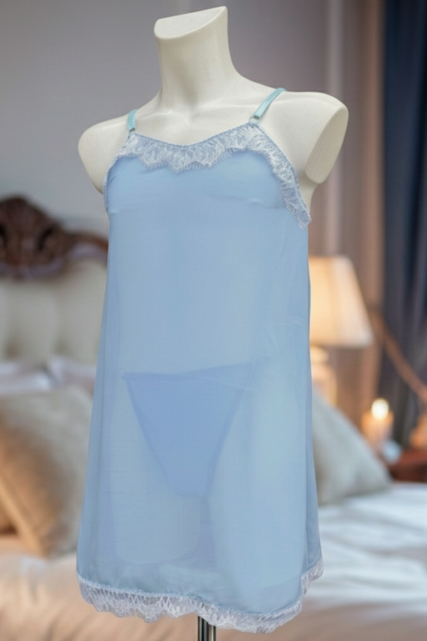 Sheer Blue Lace Nightshirt – Soft Chemise Lingerie for Men