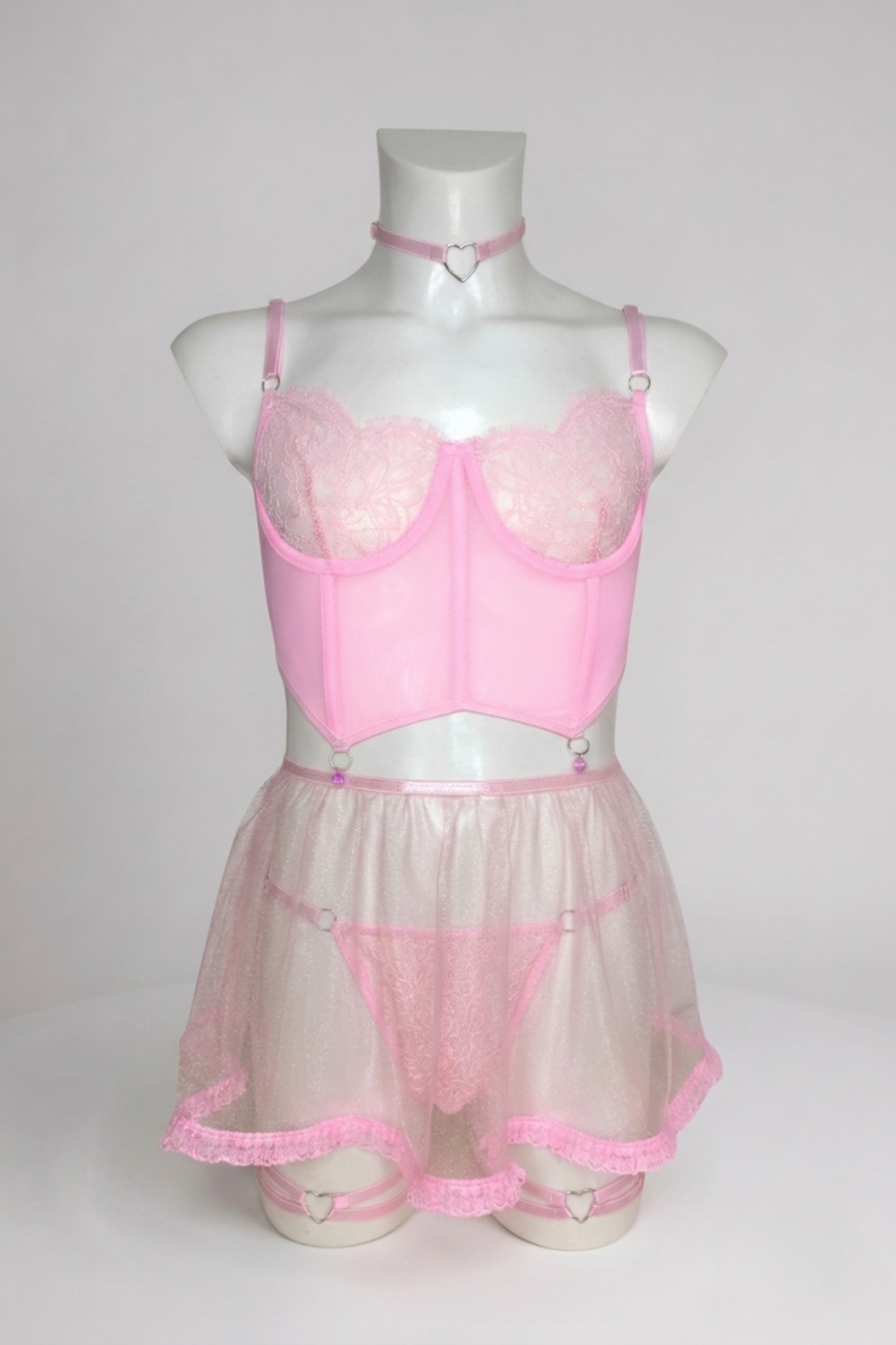 Men's Pink Femboy Lingerie Full Set | Lace Corset, Skirt, Garters & Choker Outfit
