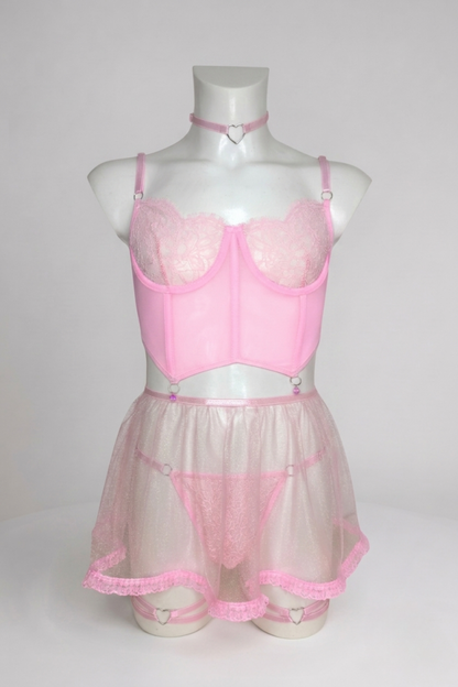 Men's Pink Femboy Lingerie Full Set | Lace Corset, Skirt, Garters & Choker Outfit