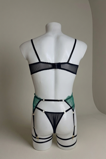 Emerald Green Sissy Garter Lingerie Set for Men – 4-Piece Male Lace Shelf Bra & Thong