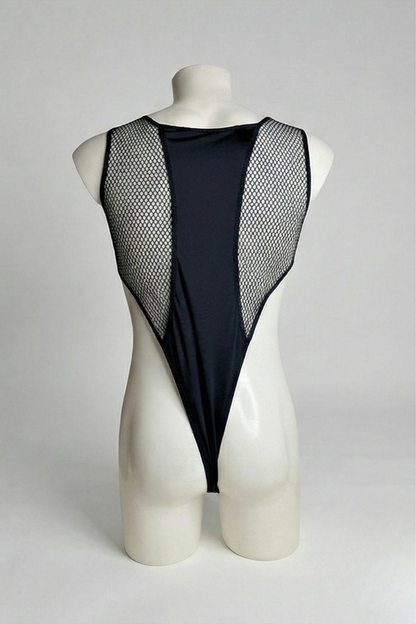Men’s High-Cut Mesh Bodysuit – Black Geometric Leotard with Fishnet Panels
