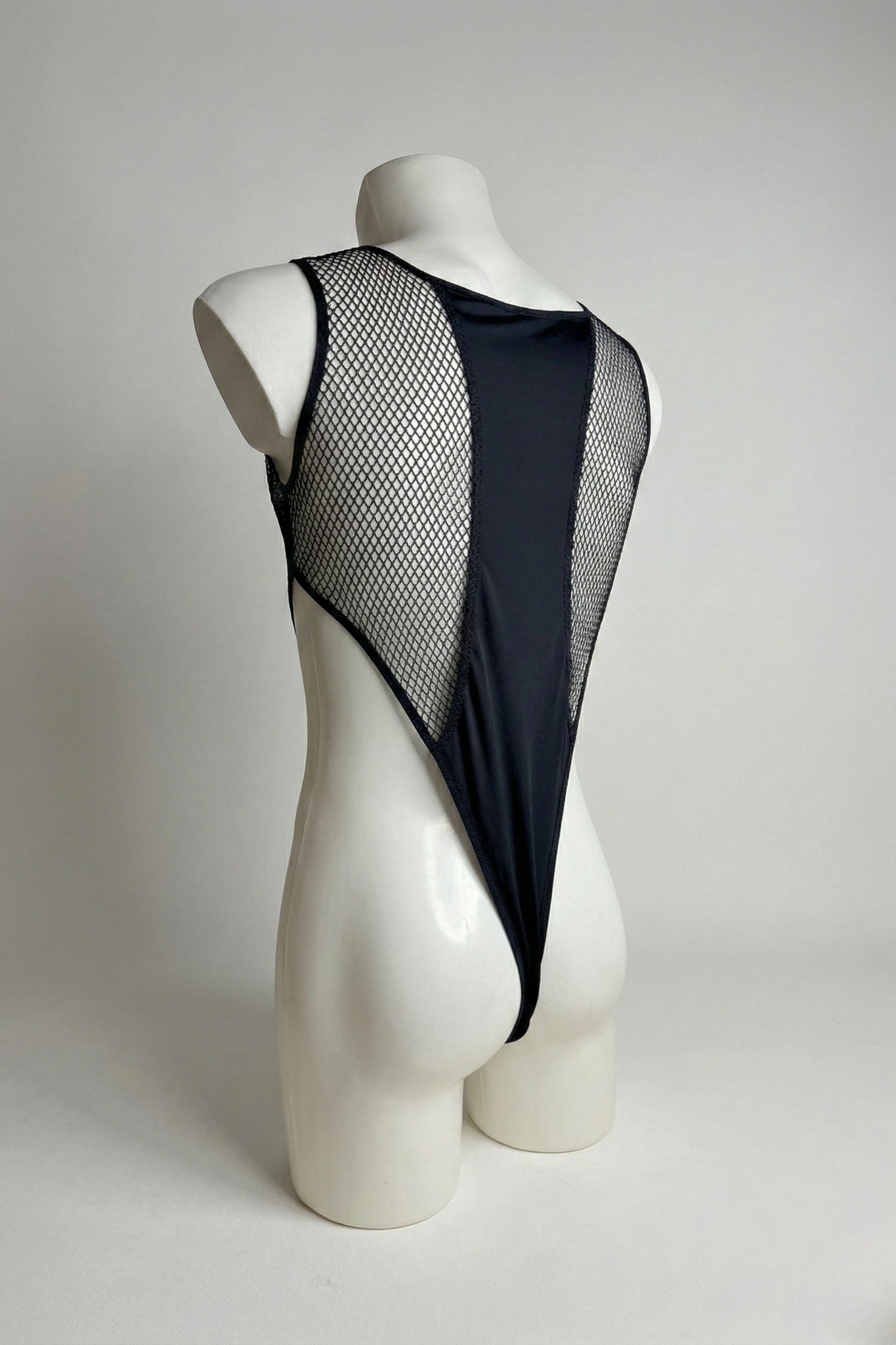 Men’s High-Cut Mesh Bodysuit – Black Geometric Leotard with Fishnet Panels