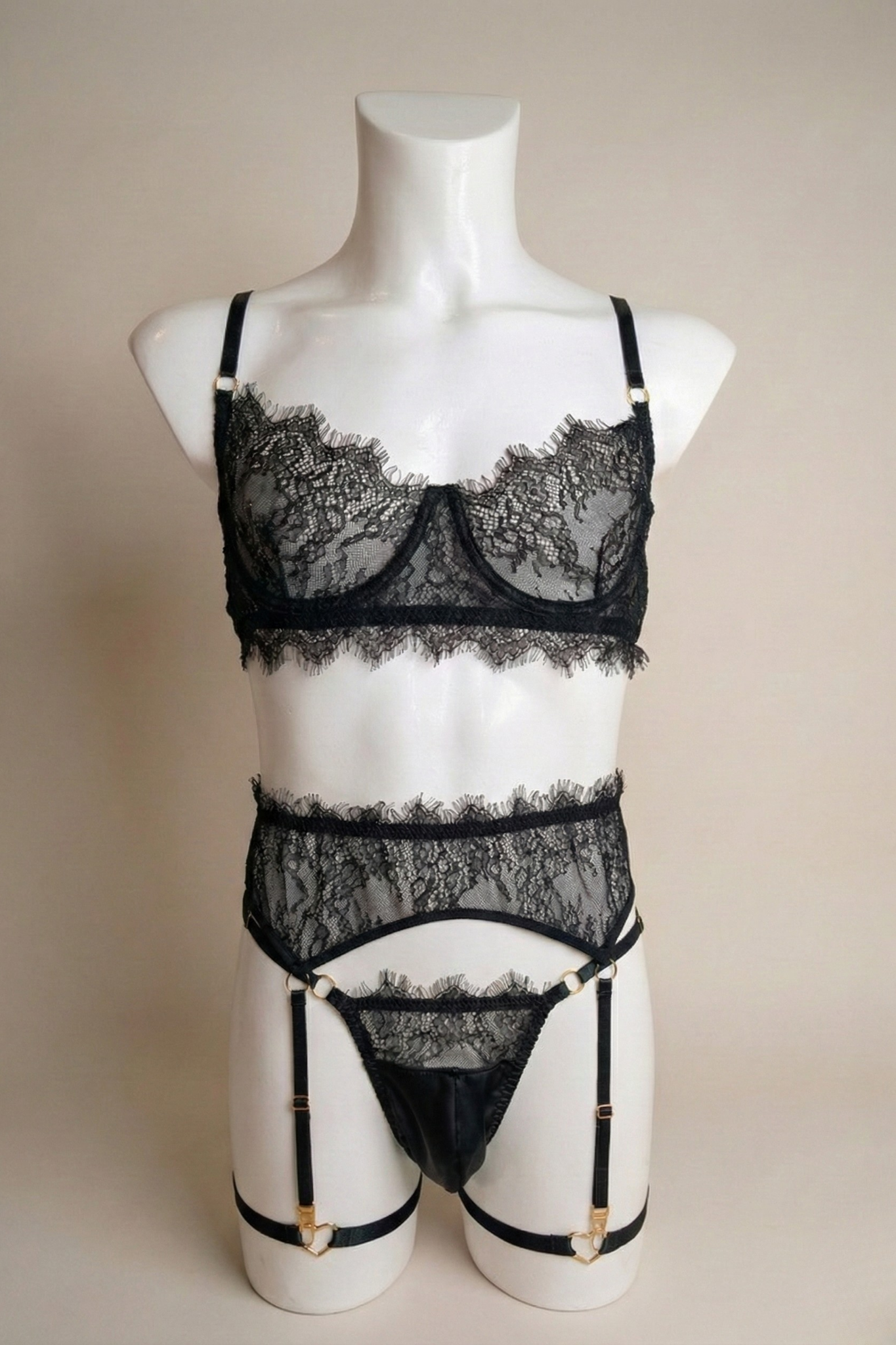 Seductive Black Lace Satin Femboy Lingerie Set with Bra, Garter Belt a   Fire Pony