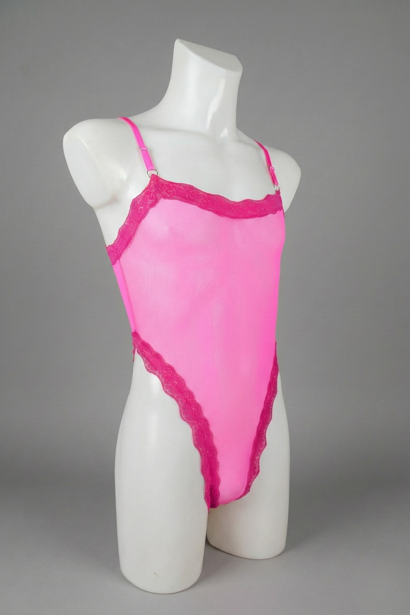 Hot Pink Mesh Men's Bodysuit - Sheer Neon Lace Teddy for Men - Femboy Sissy High-Cut One Piece - FirePony Unbound Love