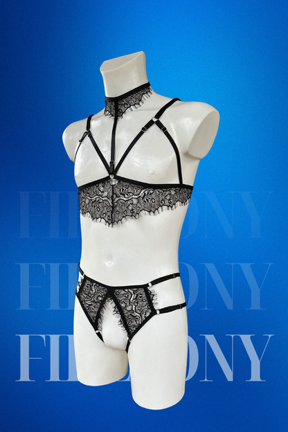 Black Lace Harness Lingerie Set — Unisex Elegance in Every Detail