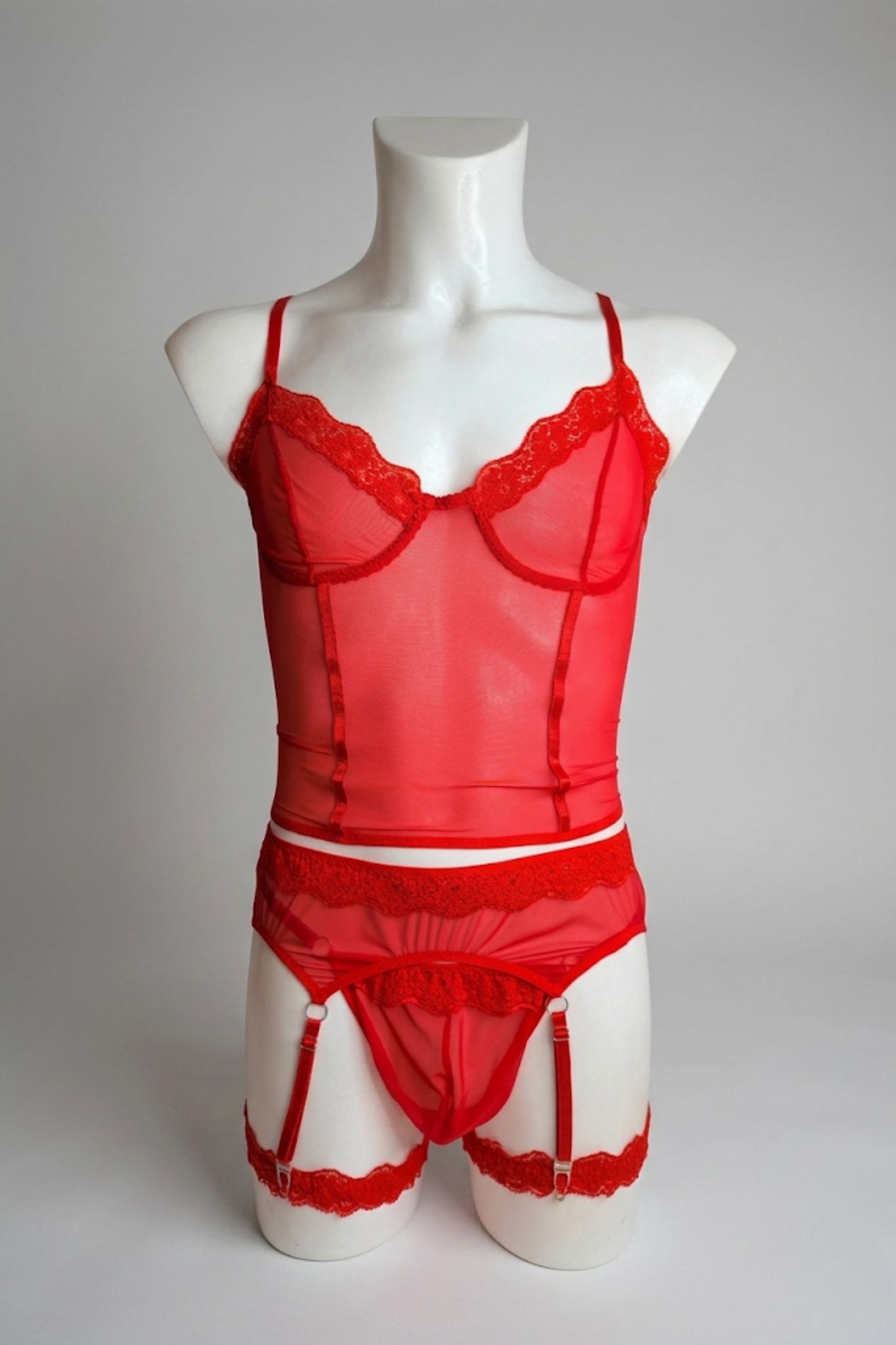 Red Mesh Feminine male underwear set - Men's panties, Men`s corset bra, Garter belts for men