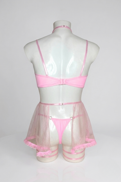 Men's Pink Femboy Lingerie Full Set | Lace Corset, Skirt, Garters & Choker Outfit